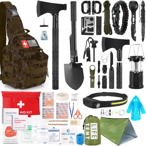 Miniatura 8 de Juego de supervivencia, 268 piezas, equipo y suministros de emergencia de supervivencia con kit de primeros auxilios, hacha de campamento, linterna