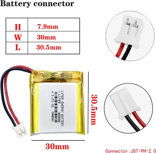 Miniatura 2 de Liter 3.7V 700mAh 803030 Lipo Batería recargable de iones de polímero de litio con conector JST 0.079 in