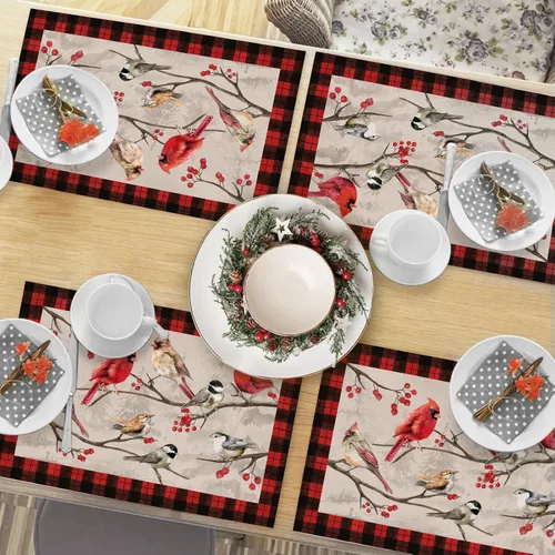 Miniatura 6 de Seliem Winter Birds - Juego de 4 manteles individuales de PVC, diseño vintage de cardenal con ramas de bayas rojas, manteles individuales de vinilo