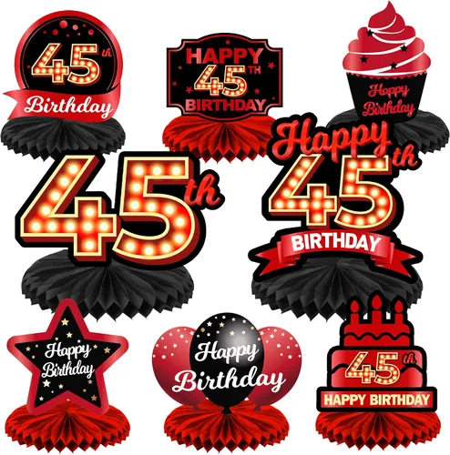 Feliz 45 cumpleaños rojo y negro centros de mesa de panal de abeja decoraciones de globos decoración de mesa centros de mesa para niñas mujeres