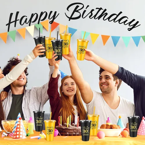 Miniatura 6 de Uiifan 12 vasos de plástico de plástico con tapa y popote de 24 onzas para cumpleaños, cumpleaños, bodas, aniversarios, decoración (30º)