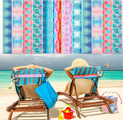 Miniatura 8 de Tessco Paquete de 12 toallas para sillas de playa, sillas de piscina y cruceros, elásticos, resistentes al viento, clips para toallas de playa