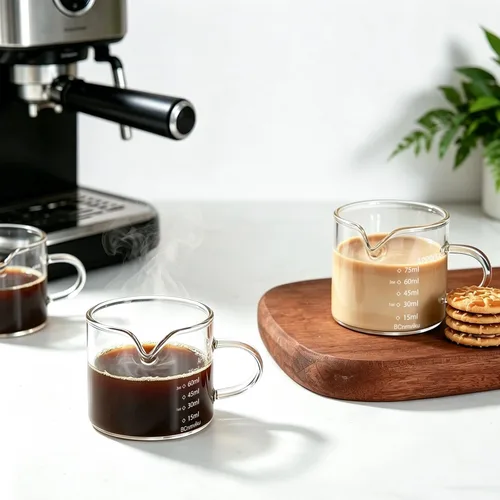 Miniatura 4 de BCnmviku Paquete de 2 Tazas Medidoras de Vidrio para Espresso Jarra Triple Taza de Leche 75ML Tazas de Espresso con Asa Vaso de Chupito con Boca
