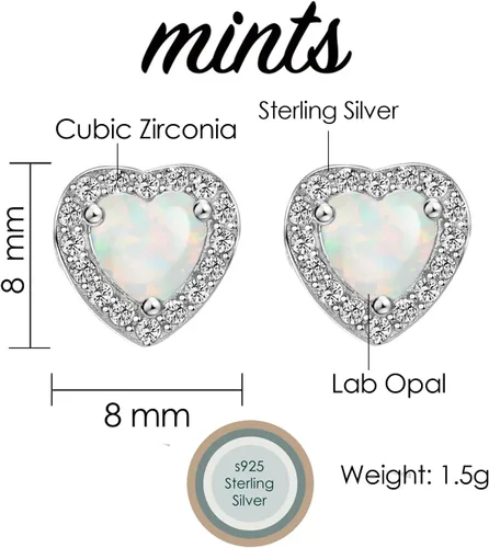 Miniatura 5 de Pendientes de ópalo de plata de ley con forma de corazón de circonio cúbico de octubre de piedra natal