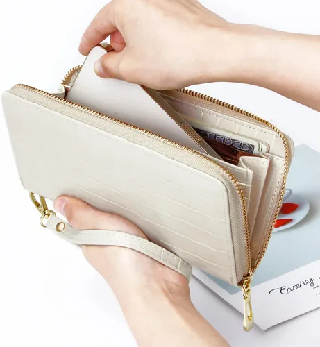 Miniatura 6 de Badiya Cartera para mujer con bloqueo RFID de cuero con cremallera de gran capacidad para tarjetas de crédito bolso largo Blanco