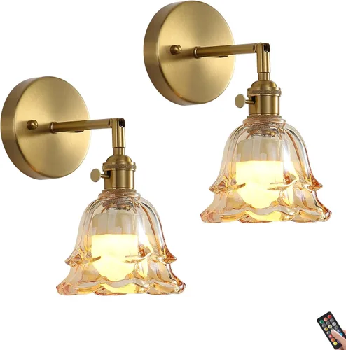 Miniatura 15 de Paquete de 2 apliques de pared dorados con modernas pantallas de vidrio ámbar, accesorios modernos de luz de pared de tocador de baño de mediados