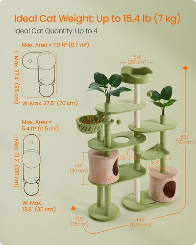 Miniatura 6 de Feandrea Árbol para gatos, torre para gatos de 68.1 pulgadas de alto, condominio de felpa de varios niveles con hojas artificiales, 3 postes
