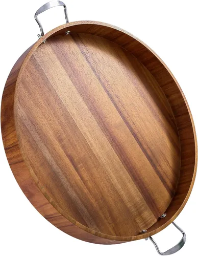 Miniatura 9 de Bandeja de madera de acacia con asas de metal, bandeja de bebidas de alimentos de 17 x 12 pulgadas para mesa de café, desayuno, cena y bar, bandeja