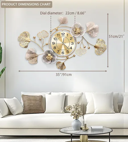 Miniatura 2 de Relojes para sala de estar, reloj de pared grande, reloj de pared silencioso 3D, diseño retro de hoja de ginkgo de metal, para dormitorio, cocina