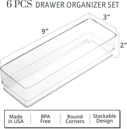 Miniatura 2 de STORi SimpleSort Juego de 6 organizadores de cajones transparentes apilables Bandejas rectangulares de 9 x 3 x 2 pulgadas Contenedores estrechos