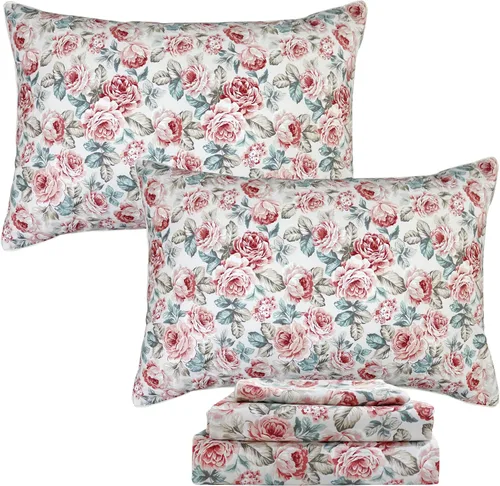 Miniatura 26 de FADFAY Juego de sábanas de rosas blancas, ropa de cama vintage floral de rosas, ropa de cama estilo rústico, 100% algodón egipcio percal, 800 hilos