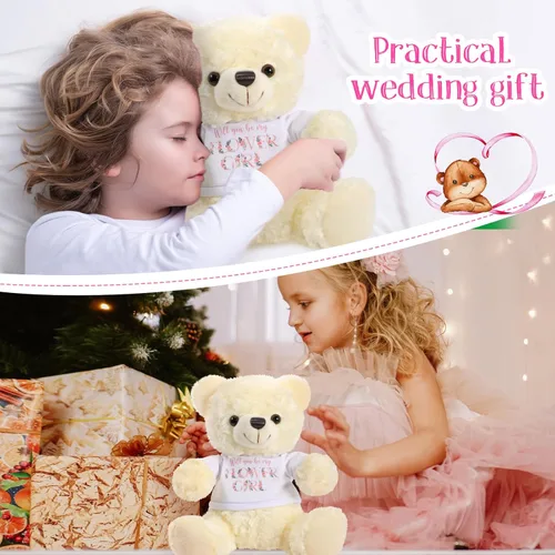 Miniatura 4 de Jexine 2 piezas de peluche de oso de boda de 10 pulgadas con texto en inglés "Will You Be My Flower Gril Bear Bearer", anillo de propuesta de regalo