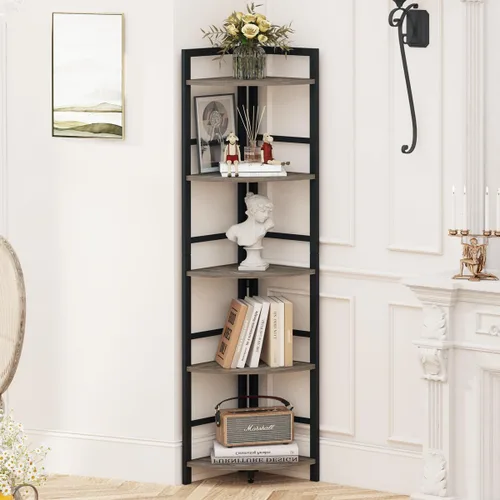 Miniatura 11 de BON AUGURE Estantería Esquinera de Escalera, Librero Esquinero de Madera y Metal Negro de 5 Niveles, Unidad de Estantería Estrecha y Alta