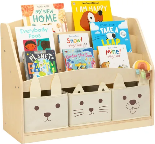 OOOK Estantería infantil de 3 niveles con 3 contenedores de almacenamiento de tela extraíbles, estantería Montessori para niños pequeños,