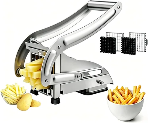 Cortador de papas de acero inoxidable apto para lavavajillas con cuchillas de 1/2 y 3/8 pulgadas, base de succión antideslizante, cortador manual