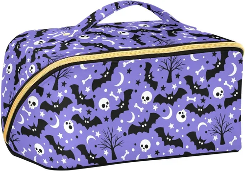 Bolsa Organizadora de Maquillaje, Bolsa de Maquillaje de Halloween con Murciélagos Negros y Cielo Nocturno con Estrellas, Bolsa de Maquillaje de