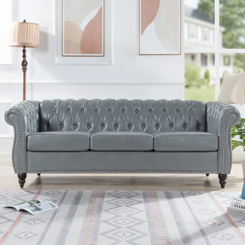 Miniatura 10 de Sofá Chesterfield moderno de 83.5 pulgadas, sofá de 3 plazas con brazo enrollado, tapizado de cabeza de clavo, sofás de piel sintética para sala