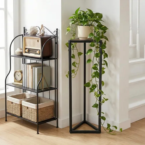 Miniatura 3 de MyGift Soporte para plantas de 36 pulgadas de alto para interiores, soporte de esquina triangular moderno, de madera soplada grande y marco de metal