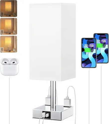 Miniatura 14 de Lámpara de mesa de noche táctil, con pantalla, puertos de carga USB C+A y salidas de CA duales, para dormitorio, sala de estar, oficina