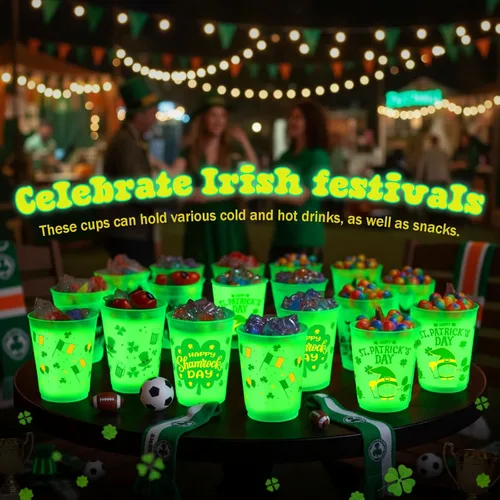 Miniatura 3 de 24 tazas de decoración de fiesta del Día de San Patricio que brillan en la oscuridad, vasos de plástico esmerilado de 16 onzas, vaso reutilizable