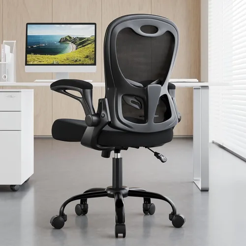 Silla de oficina de capacidad de 330 libras, silla de escritorio ergonómica de malla transpirable con soporte lumbar y reposabrazos abatibles, silla
