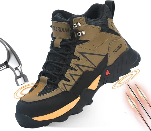 Miniatura 9 de Botas de trabajo con punta de acero para hombre, botas de seguridad para hombres con antideslizantes, zapatos de trabajo cómodos para construcción