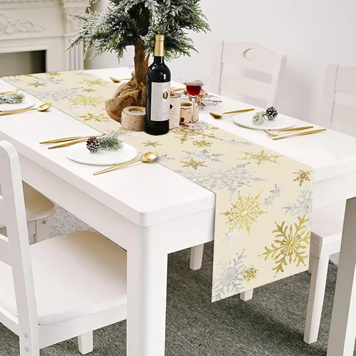 Miniatura 3 de Bonhause Camino de mesa con copos de nieve de invierno 13x72 pulgadas plateado y dorado, decoración de Navidad, invierno, vacaciones, cocina