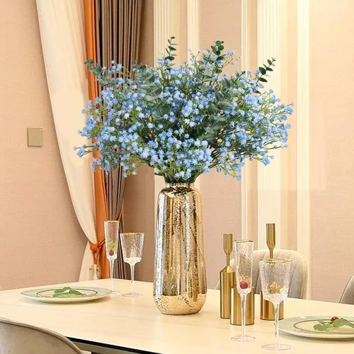 Miniatura 6 de 18 ramos de flores artificiales de eucalipto falsas de flores de gypsophila azules artificiales de tacto real para bodas, arreglos florales, Azul 18