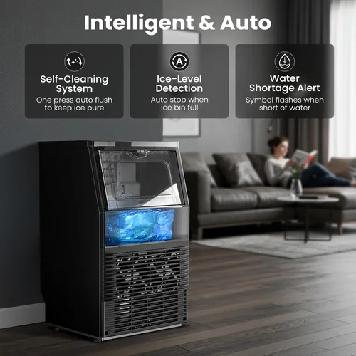 Miniatura 5 de Kismile Máquina comercial para hacer hielo, 66 libras/24 horas, panel LCD, autolimpieza, temporizador de 24 horas, acero inoxidable