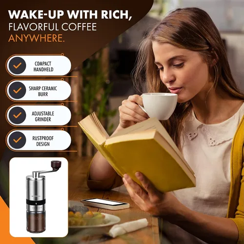 Miniatura 6 de Molinillo de café manual con 6 ajustes de grosor ajustables, molinillo de café con manivela de mano con rebabas de cerámica para granos de expreso
