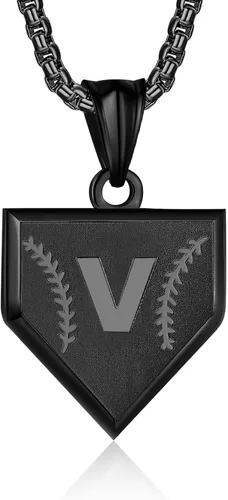 Miniatura 46 de Collar con inicial de la A a la Z para niños, de acero inoxidable, con dije de escudo de letra, cadena de 22 + 2 pulgadas, inspirador de béisbol