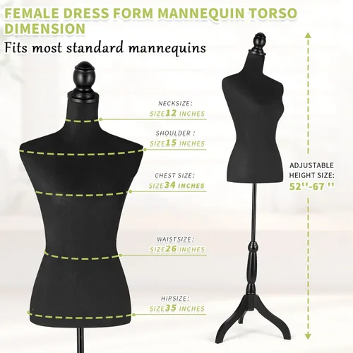 Miniatura 7 de Forma de vestido de torso de maniquí de tela femenina con soporte de base de trípode de madera, cuerpo de maniquí ajustable de 52 a 67 pulgadas