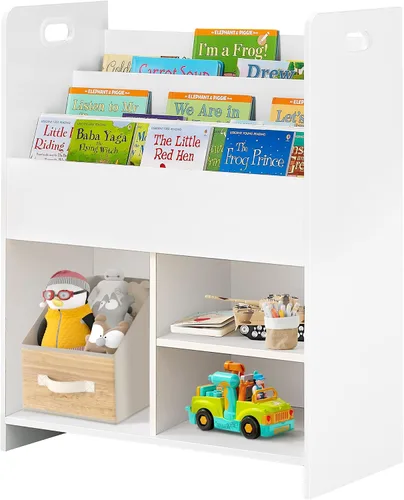 VECELO Estantería para niños, 2 en 1 con estantes y 3 cubos de diferentes tamaños, organizador de madera para almacenamiento de juguetes para Blanco
