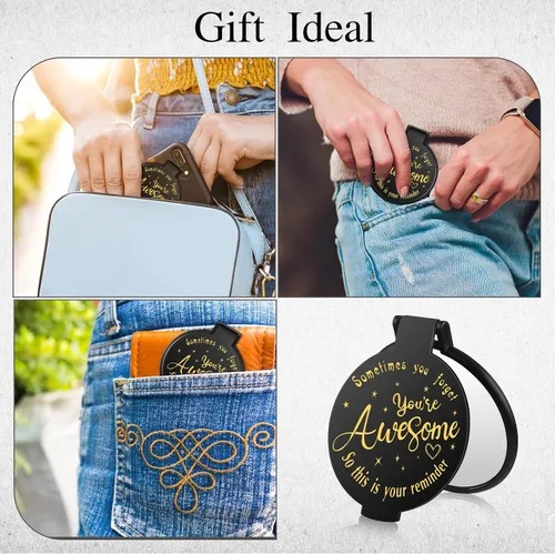 Miniatura 7 de Huwena 100 piezas de espejo compacto inspirador a granel, mini regalos para mujer, espejo redondo de bolsillo, regalos de agradecimiento para Negro