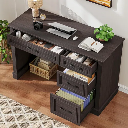 Miniatura 5 de Escritorio para computadora de granja de 47.2 pulgadas con cajón de archivos ajustable, 3 cajones, escritorio ejecutivo reversible con soporte