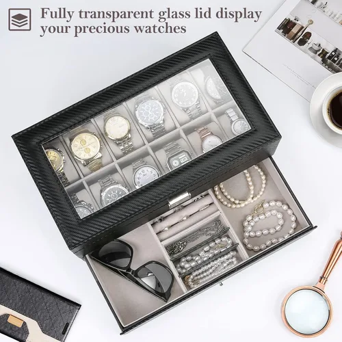 Miniatura 2 de Caja de reloj con 12 ranuras para hombres, organizador de joyas para hombre, estuche de exhibición con cajón, cajas de almacenamiento de relojes
