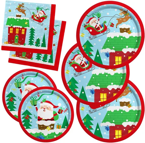 Suministros de fiesta de Navidad Lamparty - Platos y servilletas desechables de papel con temática de Santa de Navidad - Perfectas decoraciones de