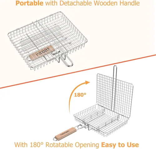 Miniatura 10 de ORDORA Cesta para parrilla, cesta para parrilla de pescado, cesta de barbacoa de acero inoxidable resistente al óxido para carne, bistec, etc.