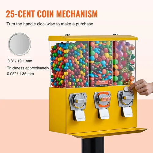 Miniatura 4 de VEVOR Máquina Expendedora Comercial, Dispensador de Dulces de Triple Compartimento con Soporte de Hierro, Máquina de Chicles y Dulces para Negocios