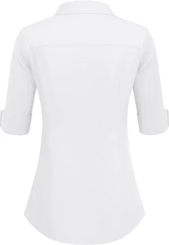 Miniatura 5 de HOTOUCH Camisa de manga 3/4 con botones para mujer, blusas de trabajo ajustadas, camisas de vestir de algodón, camisas de oficina