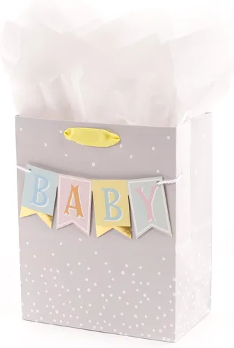 Hallmark Bolsa de regalo mediana para bebé de 9 pulgadas con papel de seda, cartel de bebé en gris, rosa y azul para baby showers, nuevos padres y