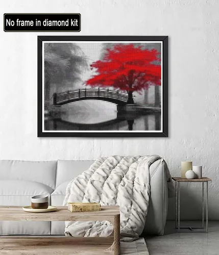 Miniatura 2 de Diymood Kits de pintura de diamantes 5D para adultos, paisaje, kits de arte de diamantes para adultos, puente de árbol rojo, redondo de taladro
