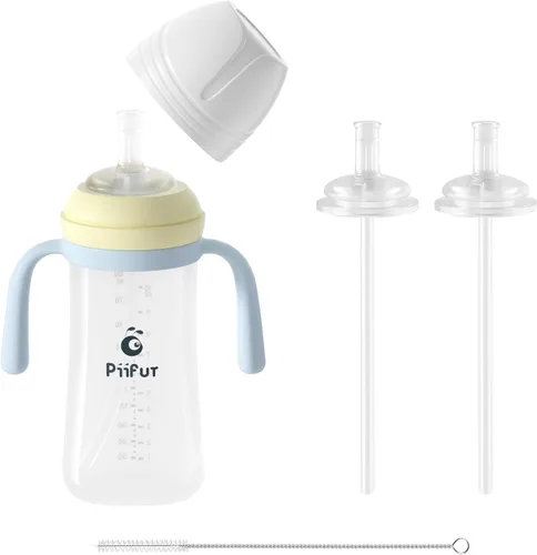 Piifur Vasos para sorber para niños pequeños de 1 a 3 años, sin derrames, con 2 juegos de popote de repuesto, botella de agua con asa, 10 onzas, azul