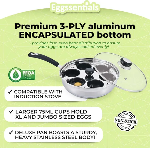 Miniatura 5 de Eggssentials Fabricante de Huevos Escalfados Sartén para Huevos Escalfados de Acero Inoxidable de Grado Alimenticio Libre de PFOA con Espátula