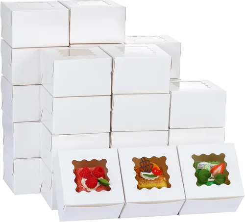 Miniatura 10 de Moretoes 120 cajas blancas para panadería, cajas de galletas de 4 x 4 x 2.5 pulgadas con ventana para pasteles pequeños, golosinas, donas, dulces