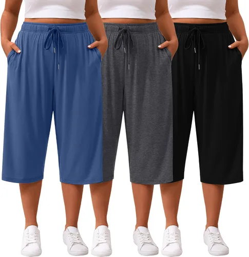 Miniatura 16 de Paquete de 3 pantalones capri de talla grande para mujer, ajuste holgado, pierna ancha, pantalones recortados para yoga, descanso, entrenamiento
