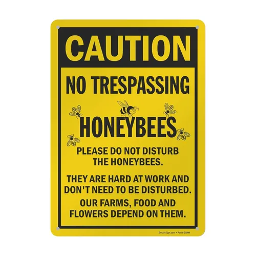 SmartSign Letrero de metal con texto en inglés "Caution - No Trespassing, Honeybees" de 14 x 10 pulgadas, aluminio laminado a prueba de óxido, negro