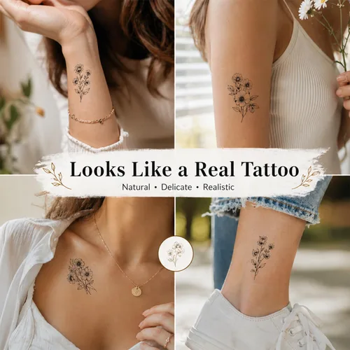 Miniatura 3 de 50 hojas de tatuajes temporales de ramas pequeñas de flores negras para mujeres y niñas, ramo de flores pequeñas, tatuaje temporal de plantas