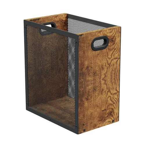 Miniatura 10 de Huxitocan - Cubo de basura retro para oficina, combinación de hierro y madera para dormitorio, cesta de basura rectangular con asa, diseño