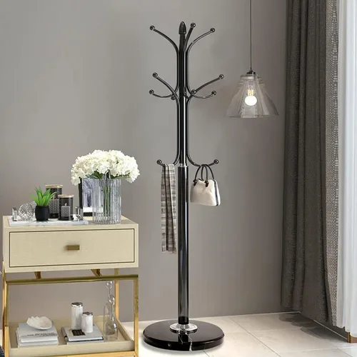 Miniatura 2 de Kertnic Perchero independiente, árbol de pasillo de metal resistente con 12 ganchos, perchero estable de 70 pulgadas de alto con base de mármol Negro
